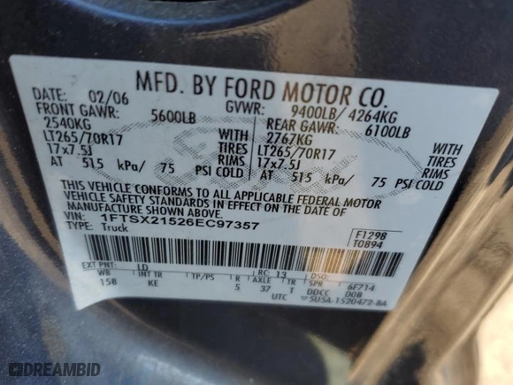 2006 Ford Super Duty F-250 XL with VIN 1FTSX21526EC97357, listed as a Copart auction lot 47383865 with 83,709 mi miles and Clean Title. Bid and sale history available at carsss.com. Image 12.
