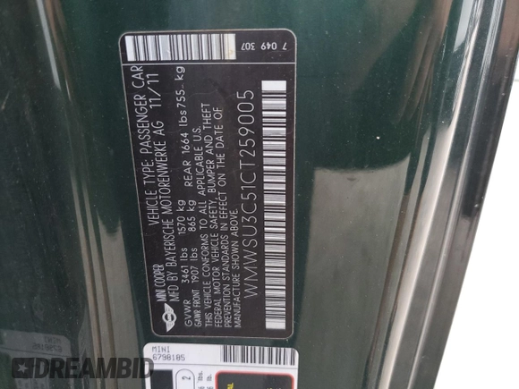 2012 MINI Hardtop with VIN WMWSU3C51CT259005, listed as a Copart auction lot 60710015 with 84,218 mi miles and Salvage title. Bid and sale history available at DreamBid. Image 13.