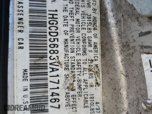 1997 Honda Accord Value with VIN 1HGCD5683VA171467, listed as a Copart auction lot 66351414 with 350,770 mi miles and Salvage Title. Bid and sale history available at carsss.com. Image 12.