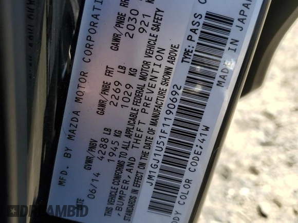 2015 Mazda 6 i Sport with VIN JM1GJ1U51F1190692, listed as a Copart auction lot 50344255 with 122,463 mi miles and Salvage Title. Bid and sale history available at DreamBid. Image 12.