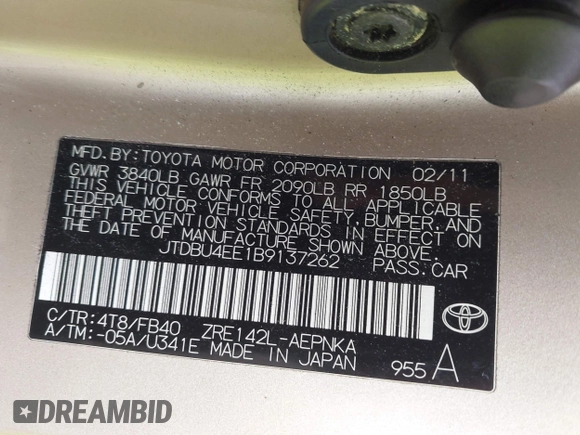 2011 Toyota Corolla L with VIN JTDBU4EE1B9137262, listed as a IAAI auction lot 41972818 with 134,082 mi miles. Bid and sale history available at carsss.com. Image 9.