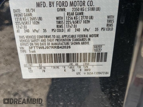 2024 Ford Maverick XLT with VIN 3FTTW8J97RRB42026, listed as a Copart auction lot 61240495 with 22,111 mi miles and Salvage title. Bid and sale history available at DreamBid. Image 13.