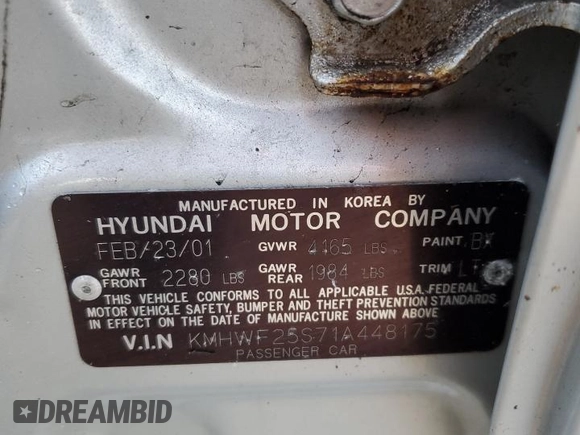 2001 Hyundai Sonata with VIN KMHWF25S71A448175, listed as a Copart auction lot 77603524 with 57,771 mi miles and Non Repairable. Bid and sale history available at carsss.com. Image 13.