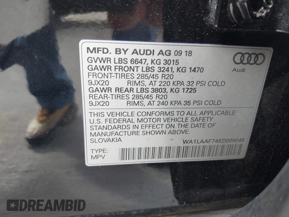 2019 Audi Q7 Premium Plus with VIN WA1LAAF74KD009049, listed as a IAAI auction lot 42745159 with 70,472 mi miles and . Bid and sale history available at DreamBid. Image 9.