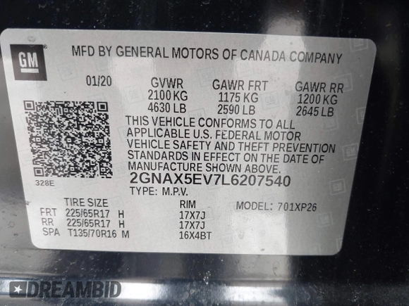 2020 Chevrolet Equinox LS z VIN 2GNAX5EV7L6207540, wystawiony jako IAAI lot #41954763 z przebiegiem 72 082 mil mil oraz . Historia ofert i sprzedaży dostępna na DreamBid. Obrazek 9.