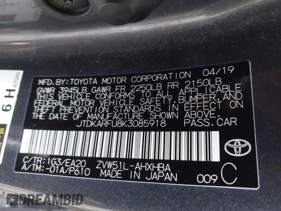 2019 Toyota Prius L Eco z VIN JTDKARFU8K3085918, wystawiony jako IAAI lot #41107891 z przebiegiem 166 295 mil mil oraz . Historia ofert i sprzedaży dostępna na DreamBid. Obrazek 9.