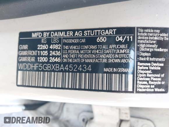 2011 Mercedes-Benz E 350 Luxury with VIN WDDHF5GBXBA452434, listed as a IAAI auction lot 41814981 with 324,877 mi miles and . Bid and sale history available at DreamBid. Image 9.