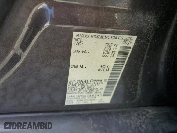 2016 Nissan Altima 2.5 S with VIN 1N4AL3AP8GN388543, listed as a Copart auction lot 51633295 with 77,706 mi miles and Salvage Title. Bid and sale history available at carsss.com. Image 12.