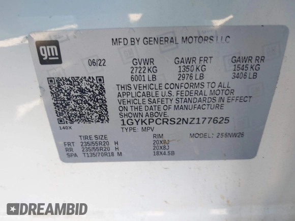 2022 Cadillac XT6 Premium Luxury with VIN 1GYKPCRS2NZ177625, listed as a IAAI auction lot 41646155 with 94,694 mi miles and . Bid and sale history available at DreamBid. Image 9.