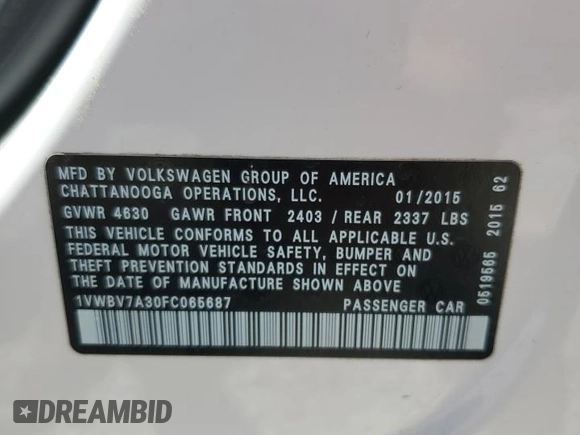2015 Volkswagen Passat SE with VIN 1VWBV7A30FC065687, listed as a Copart auction lot 63218375 with 124,286 mi miles and Salvage title. Bid and sale history available at DreamBid. Image 13.