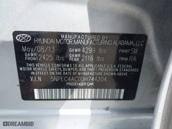 2013 Hyundai Sonata SE with VIN 5NPEC4AC0DH744204, listed as a IAAI auction lot 41791192 with 199,276 mi miles. Bid and sale history available at carsss.com. Image 9.