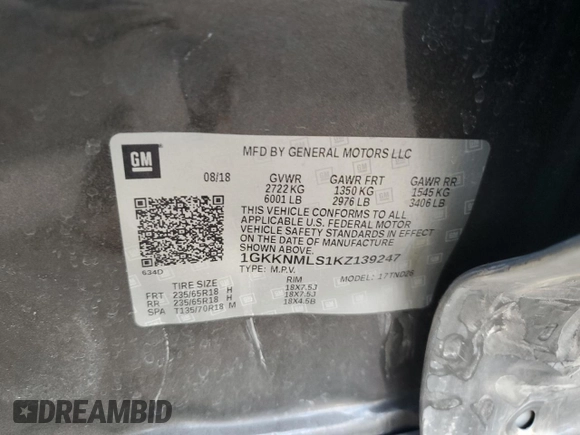 2019 GMC Acadia SLT with VIN 1GKKNMLS1KZ139247, listed as a Copart auction lot 43698205 with 88,269 mi miles and Salvage Title. Bid and sale history available at carsss.com. Image 16.