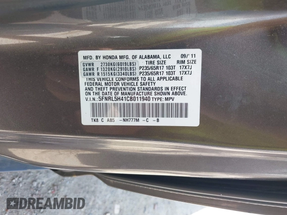 2012 Honda Odyssey EX with VIN 5FNRL5H41CB011940, listed as a IAAI auction lot 42033966 with 182,996 mi miles and . Bid and sale history available at DreamBid. Image 9.