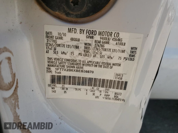 2011 Ford Super Duty F-250 SRW XL with VIN 1FT7X2B6XBEB38870, listed as a Copart auction lot 52158685 with 224,293 mi miles and Salvage Title. Bid and sale history available at carsss.com. Image 12.