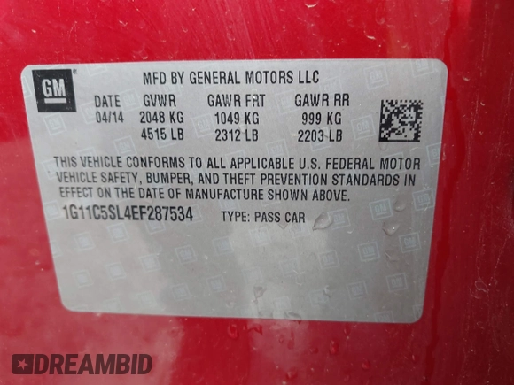2014 Chevrolet Malibu LT with VIN 1G11C5SL4EF287534, listed as a IAAI auction lot 42119173 with 126,781 mi miles and . Bid and sale history available at DreamBid. Image 9.