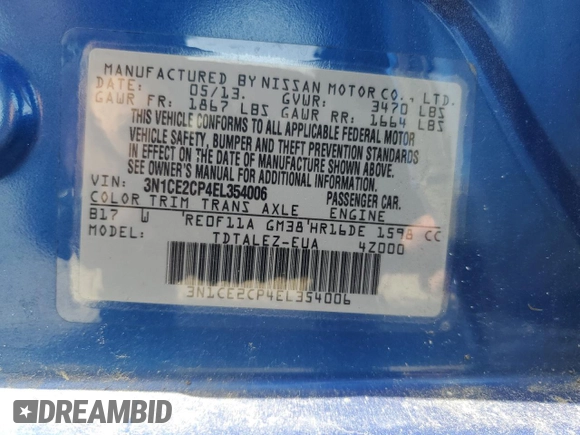 2014 Nissan Note SV with VIN 3N1CE2CP4EL354006, listed as a Copart auction lot 57035015 with Not provided miles and Salvage title. Bid and sale history available at DreamBid. Image 13.