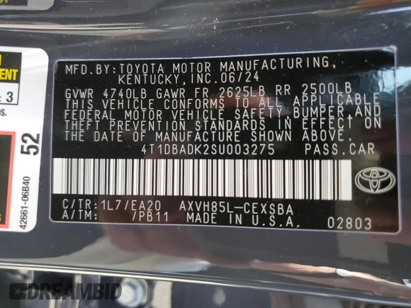2025 Toyota Camry LE с VIN 4T1DBADK2SU003275, выставлен на аукционе Copart как лот 54206635 с пробегом Не указан миль и Списание • Salvage title. История ставок и продаж доступна на DreamBid. Изображение 12.