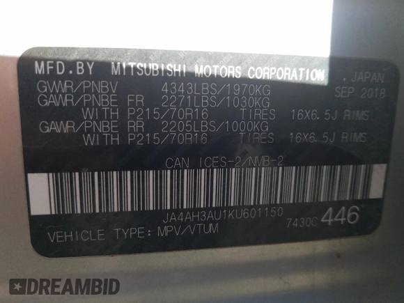 2019 Mitsubishi Outlander Sport ES with VIN JA4AH3AU1KU601150, listed as a Copart auction lot 80755994 with Not provided miles and Salvage title. Bid and sale history available at DreamBid. Image 13.