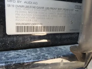 2020 Audi A8 L with VIN WAU8DAF81LN002970, listed as a Copart auction lot 41057054 with 78,578 mi miles. Bid and sale history available at carsss.com. Image 12.