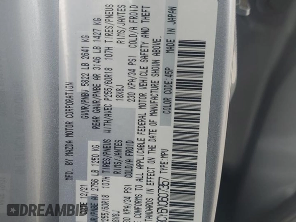 2022 Mazda CX-9 Touring with VIN JM3TCBCY6N0607357, listed as a Copart auction lot 54316745 with 66,888 mi miles and Salvage title. Bid and sale history available at DreamBid. Image 13.