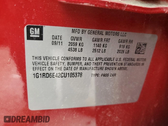 2012 Chevrolet Volt with VIN 1G1RD6E42CU105378, listed as a Copart auction lot 54560595 with 170,924 mi miles and Clean Title. Bid and sale history available at carsss.com. Image 12.