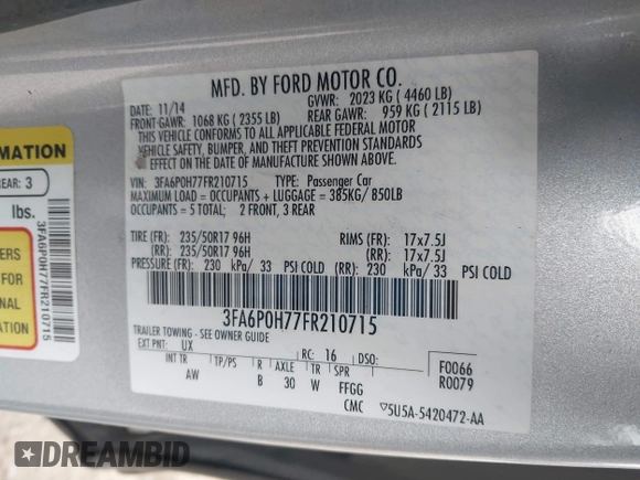 2015 Ford Fusion SE with VIN 3FA6P0H77FR210715, listed as a IAAI auction lot 42607234 with 141,794 mi miles and . Bid and sale history available at DreamBid. Image 9.