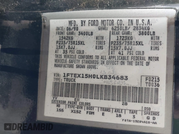1990 Ford F-150 with VIN 1FTEX15H0LKB34683, listed as a IAAI auction lot 41468440 with 23,706 mi miles. Bid and sale history available at carsss.com. Image 9.