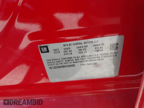 2013 Chevrolet Sonic LT with VIN 1G1JC5SH4D4169926, listed as a IAAI auction lot 41930121 with 105,351 mi miles and . Bid and sale history available at DreamBid. Image 9.