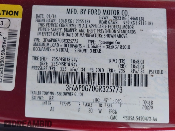 2016 Ford Fusion S z VIN 3FA6P0G70GR325773, wystawiony jako IAAI lot #42250513 z przebiegiem 167 224 mil mil oraz . Historia ofert i sprzedaży dostępna na DreamBid. Obrazek 9.
