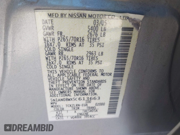 2005 Nissan Xterra S z VIN 5N1AN08WX5C613663, wystawiony jako IAAI lot #42429346 z przebiegiem Nie podano mil oraz . Historia ofert i sprzedaży dostępna na DreamBid. Obrazek 9.