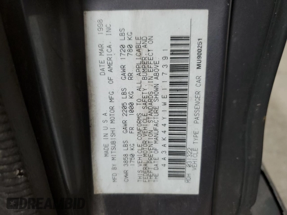 1998 Mitsubishi Eclipse with VIN 4A3AK44Y1WE117391, listed as a Copart auction lot 75937014 with 202,560 mi miles and Salvage Title. Bid and sale history available at DreamBid. Image 12.