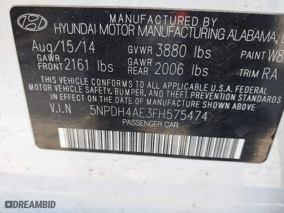 2015 Hyundai Elantra SE with VIN 5NPDH4AE3FH575474, listed as a IAAI auction lot 41738344 with 98,249 mi miles. Bid and sale history available at carsss.com. Image 9.