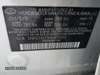 2019 Hyundai Elantra SE with VIN 5NPD74LFXKH419550, listed as a Copart auction lot 87069444 with 49,507 mi miles and Salvage Title. Bid and sale history available at DreamBid. Image 12.