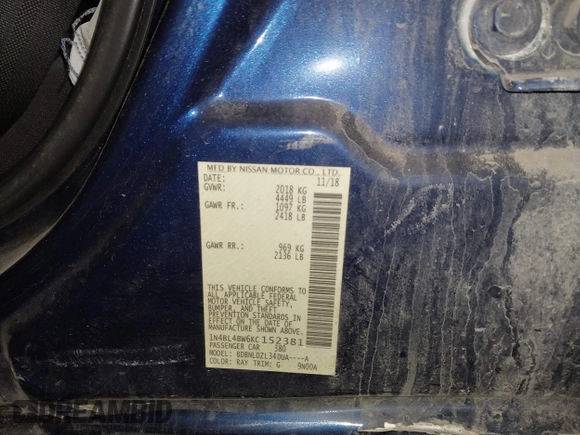 2019 Nissan Altima 2.5 S with VIN 1N4BL4BW6KC152381, listed as a IAAI auction lot 41340876 with 60,540 mi miles. Bid and sale history available at carsss.com. Image 9.