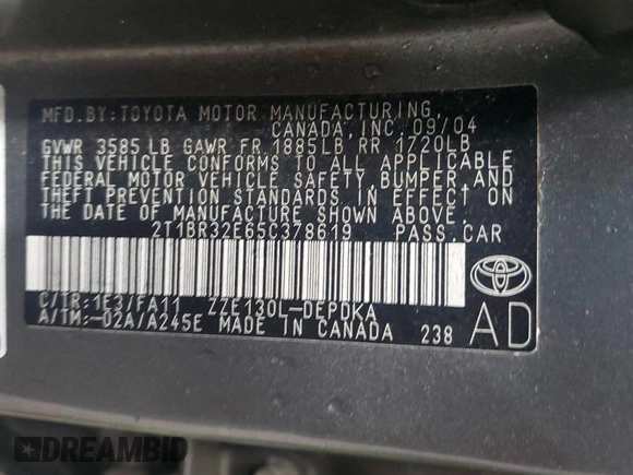 2005 Toyota Corolla CE with VIN 2T1BR32E65C378619, listed as a Copart auction lot 55856255 with 217,564 mi miles and Clean Title. Bid and sale history available at DreamBid. Image 12.