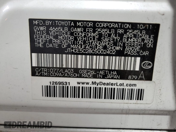 2012 Lexus IS 350 z VIN JTHCE5C28C5002402, wystawiony jako Copart lot #52917455 z przebiegiem 134 986 mil mil oraz Czysty tytuł • Clean title. Historia ofert i sprzedaży dostępna na DreamBid. Obrazek 12.