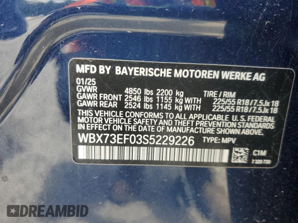 2025 BMW X1 xDrive28i z VIN WBX73EF03S5229226, wystawiony jako Copart lot #55457965 z przebiegiem 2490 mil mil oraz Tytuł czysty. Historia ofert i sprzedaży dostępna na DreamBid. Obrazek 13.
