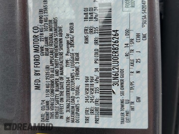 2014 Lincoln MKZ Hybrid with VIN 3LN6L2LU0ER826264, listed as a Copart auction lot 61228035 with 66,857 mi miles and Salvage title. Bid and sale history available at DreamBid. Image 12.