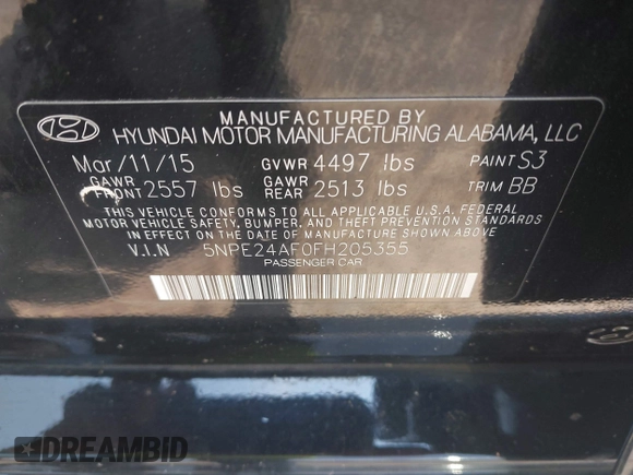 2015 Hyundai Sonata SE z VIN 5NPE24AF0FH205355, wystawiony jako IAAI lot #42419168 z przebiegiem 47 838 mil mil oraz . Historia ofert i sprzedaży dostępna na DreamBid. Obrazek 9.