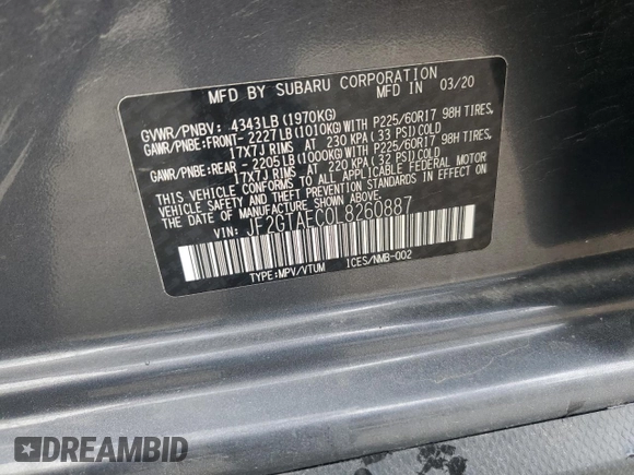 2020 Subaru Crosstrek Premium z VIN JF2GTAEC0L8260887, wystawiony jako Copart lot #56935955 z przebiegiem Nie podano mil oraz Nie do naprawy • Non repairable. Historia ofert i sprzedaży dostępna na DreamBid. Obrazek 13.