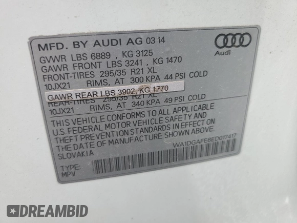 2014 Audi Q7 S line Prestige with VIN WA1DGAFE6ED017417, listed as a Copart auction lot 57048115 with 98,372 mi miles and Clean title. Bid and sale history available at DreamBid. Image 13.