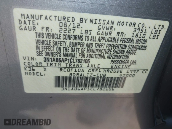2012 Nissan Sentra SR with VIN 3N1AB6AP1CL782106, listed as a IAAI auction lot 42684354 with 219,600 mi miles and . Bid and sale history available at DreamBid. Image 9.
