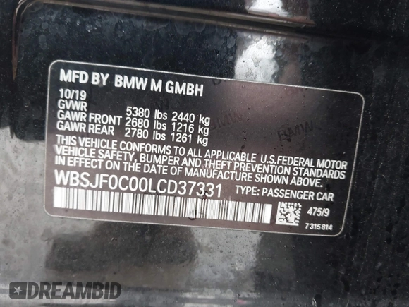 2020 BMW M5 Competition z VIN WBSJF0C00LCD37331, wystawiony jako IAAI lot #41738410 z przebiegiem 49 788 mil mil oraz . Historia ofert i sprzedaży dostępna na DreamBid. Obrazek 9.