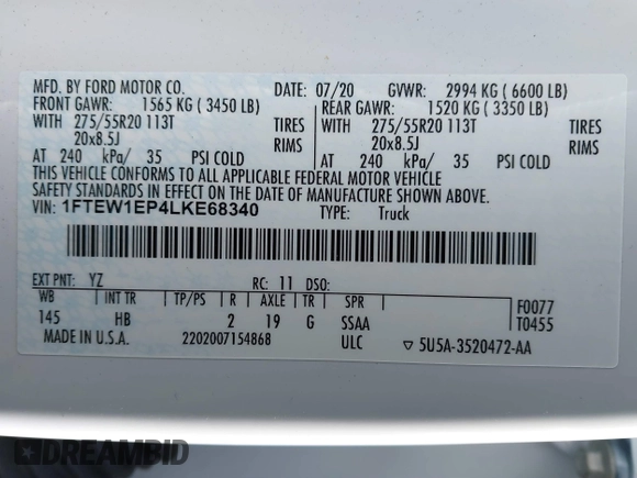 2020 Ford F-150 XL with VIN 1FTEW1EP4LKE68340, listed as a IAAI auction lot 41198215 with 95,450 mi miles and . Bid and sale history available at DreamBid. Image 9.