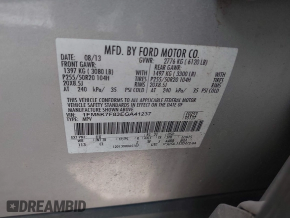 2014 Ford Explorer Limited with VIN 1FM5K7F83EGA41237, listed as a IAAI auction lot 41677778 with 222,530 mi miles and . Bid and sale history available at carsss.com. Image 9.