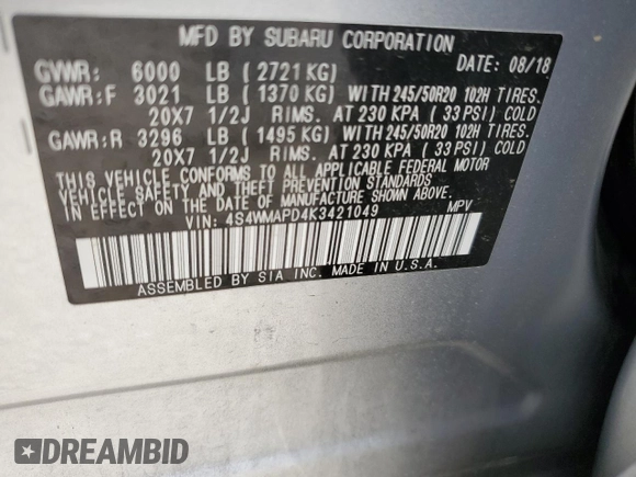 2019 Subaru Ascent Limited с VIN 4S4WMAPD4K3421049, выставлен на аукционе Copart как лот 56430785 с пробегом 60 828 миль миль и Списание • Salvage title. История ставок и продаж доступна на DreamBid. Изображение 13.