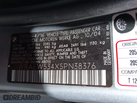 2005 BMW 3 Series 330xi with VIN WBAEW534X5PN38376, listed as a IAAI auction lot 41803927 with 173,769 mi miles and . Bid and sale history available at DreamBid. Image 9.