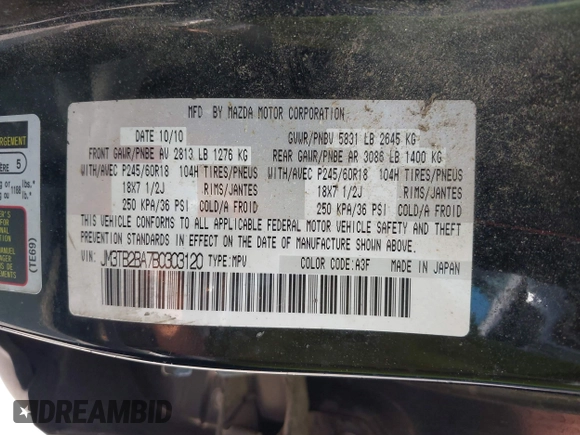 2011 Mazda CX-9 Sport with VIN JM3TB2BA7B0303120, listed as a IAAI auction lot 42427053 with 219,673 mi miles and . Bid and sale history available at DreamBid. Image 9.