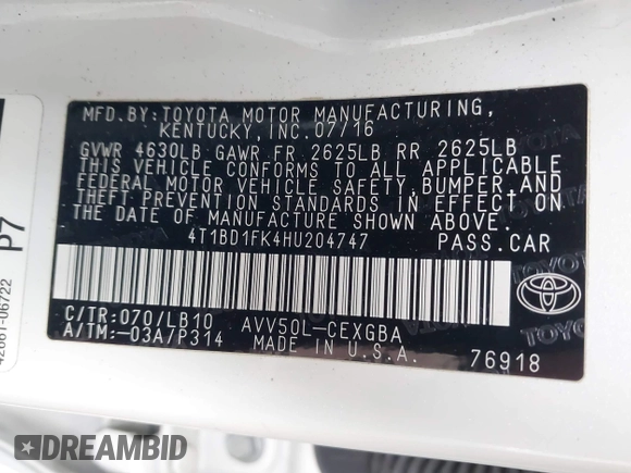 2017 Toyota Camry Hybrid LE with VIN 4T1BD1FK4HU204747, listed as a IAAI auction lot 41361540 with 124,746 mi miles. Bid and sale history available at carsss.com. Image 9.