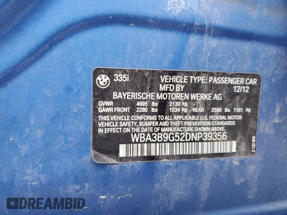 2013 BMW 3 Series 335i xDrive z VIN WBA3B9G52DNP39356, wystawiony jako Copart lot #43982145 z przebiegiem 87 026 mil mil oraz Szkoda całkowita • Salvage title. Historia ofert i sprzedaży dostępna na DreamBid. Obrazek 12.